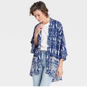 Knox Rose Kimono Duster XL/XXL Surfs Up Open Relaxed Fit Rayon Blue Print NWT